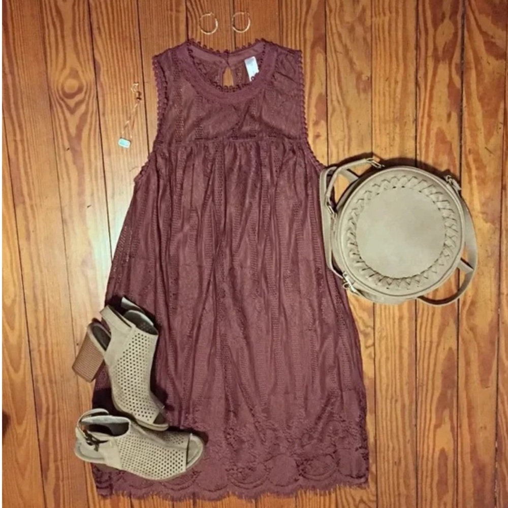 Lace Practical Magic Burgundy Maroon Sleeveless Brunch Modest Baby Doll Dress - Picture 3 of 13